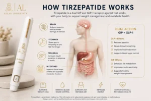 How Tirzepatide works infographic explaining appetite management body composition support and wellness focused routines