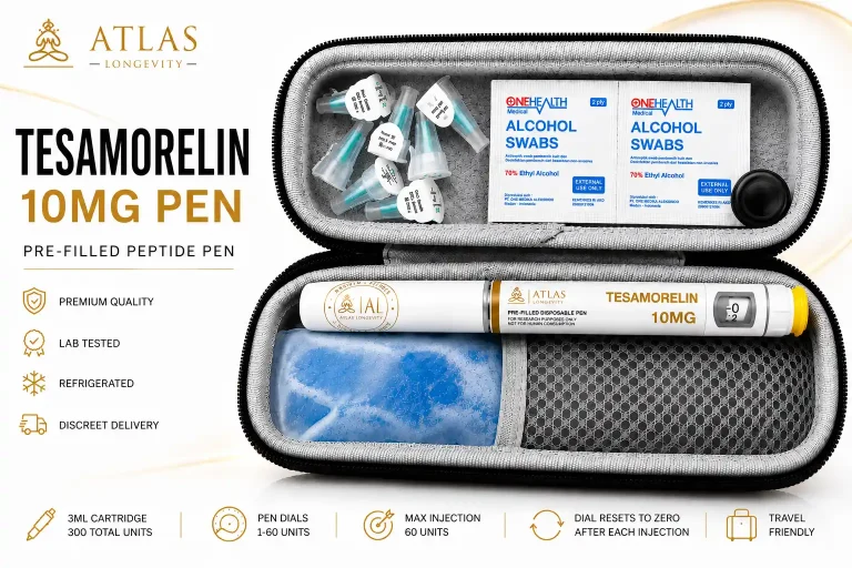 Tesamorelin 10mg peptide pen available in Bali from Atlas Longevity