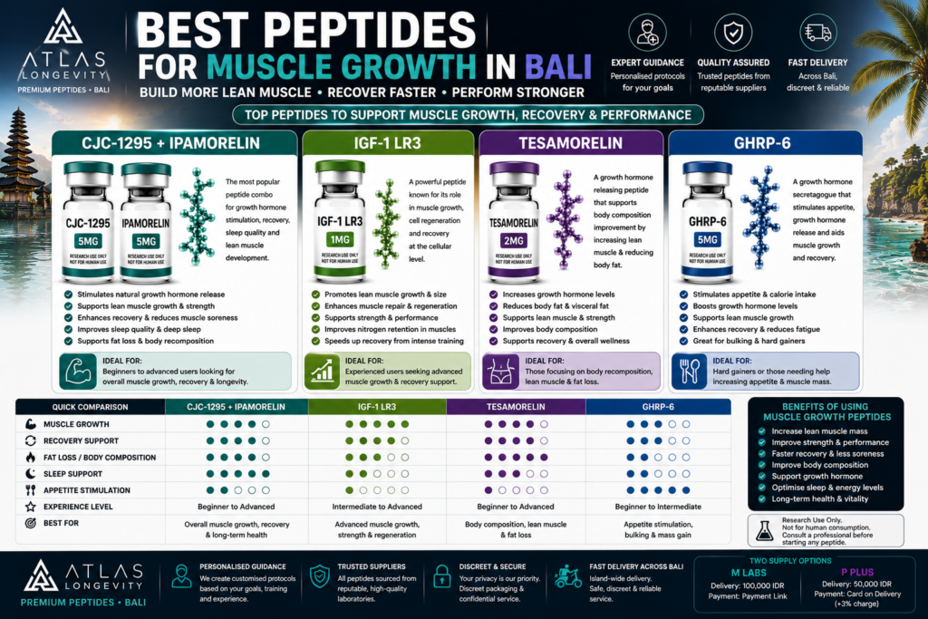Best peptides for muscle growth in Bali including CJC-1295 Ipamorelin IGF-1 LR3 and Tesamorelin