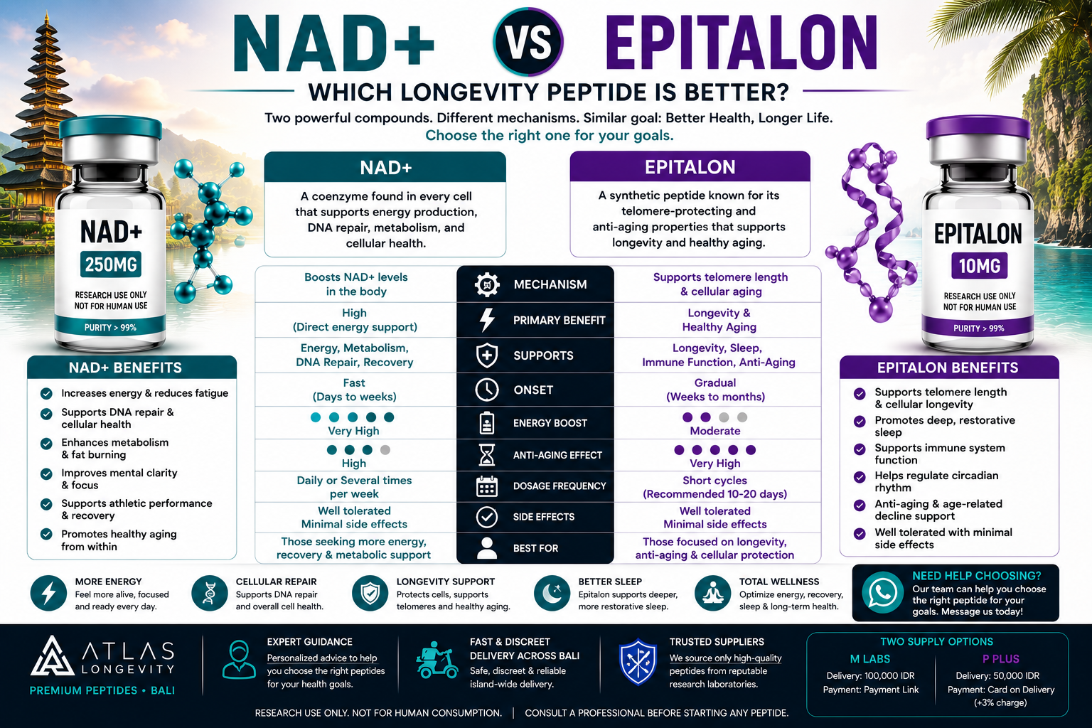 NAD+ vs Epitalon comparison for longevity anti aging energy and recovery support