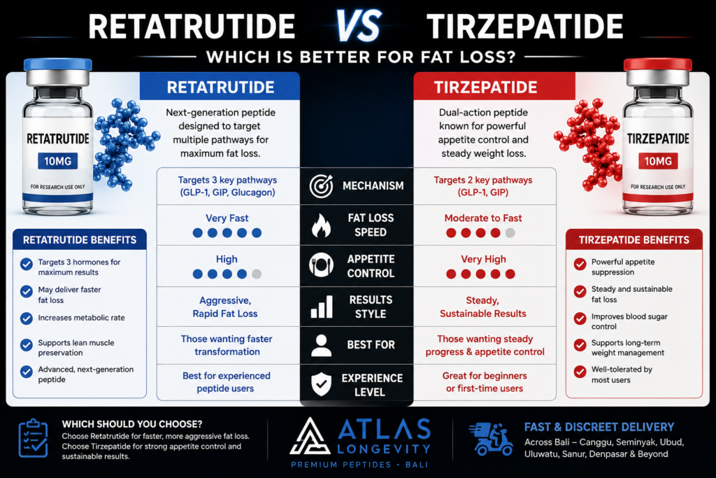Retatrutide vs Tirzepatide comparison for fat loss in Bali showing key differences in speed, appetite control and results