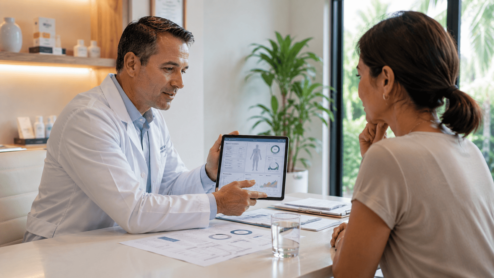 Doctor explaining anti ageing peptides Bali therapy and personalised wellness planning.