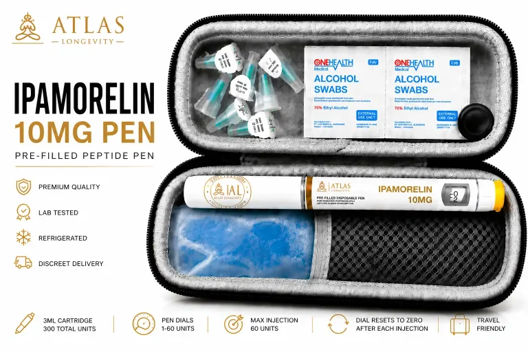 Ipamorelin 10mg peptide pen available in Bali from Atlas Longevity