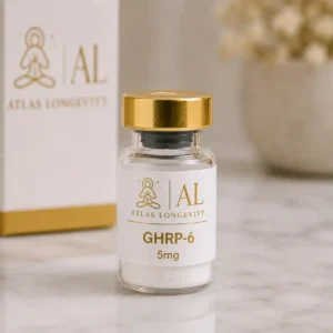 GHRP-6 5mg peptide vial available in Bali from Atlas Longevity