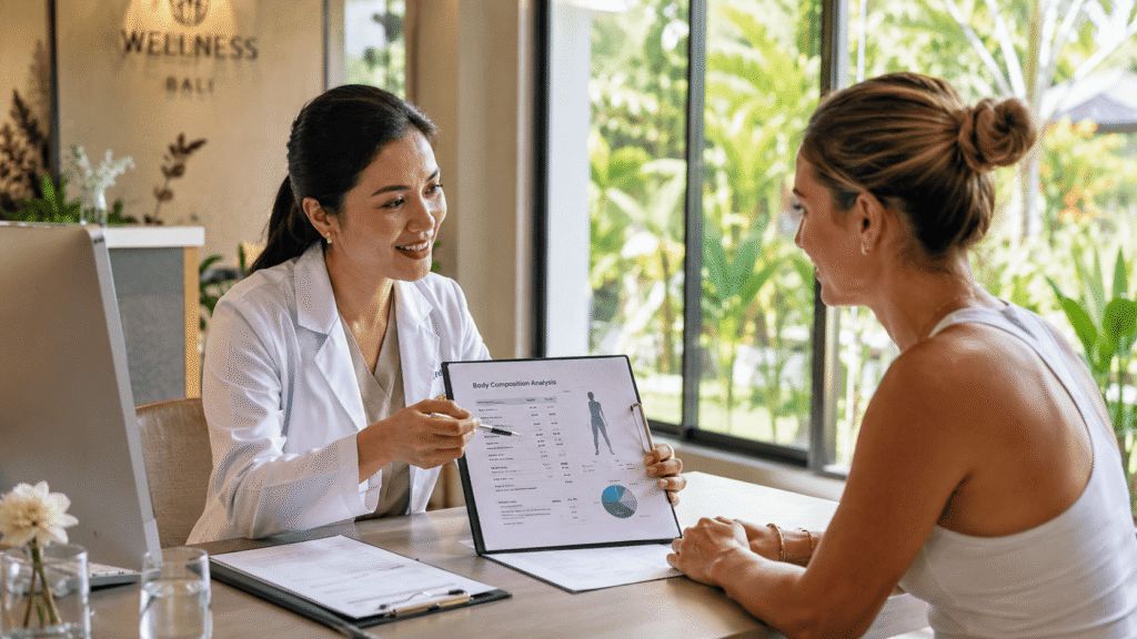 Healthcare professional discussing Retatrutide Bali weight loss treatment with a patient during a consultation.