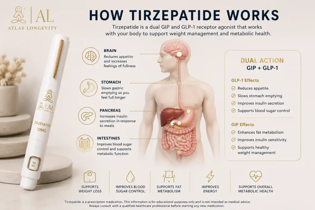 Insights 12 How Tirzepatide works infographic explaining appetite management body composition support and wellness focused routines