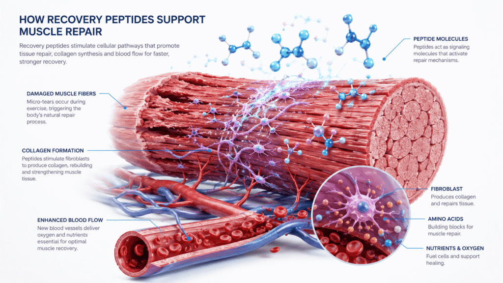 Diagram explaining the best recovery peptides guide and how recovery peptides support tissue repair.