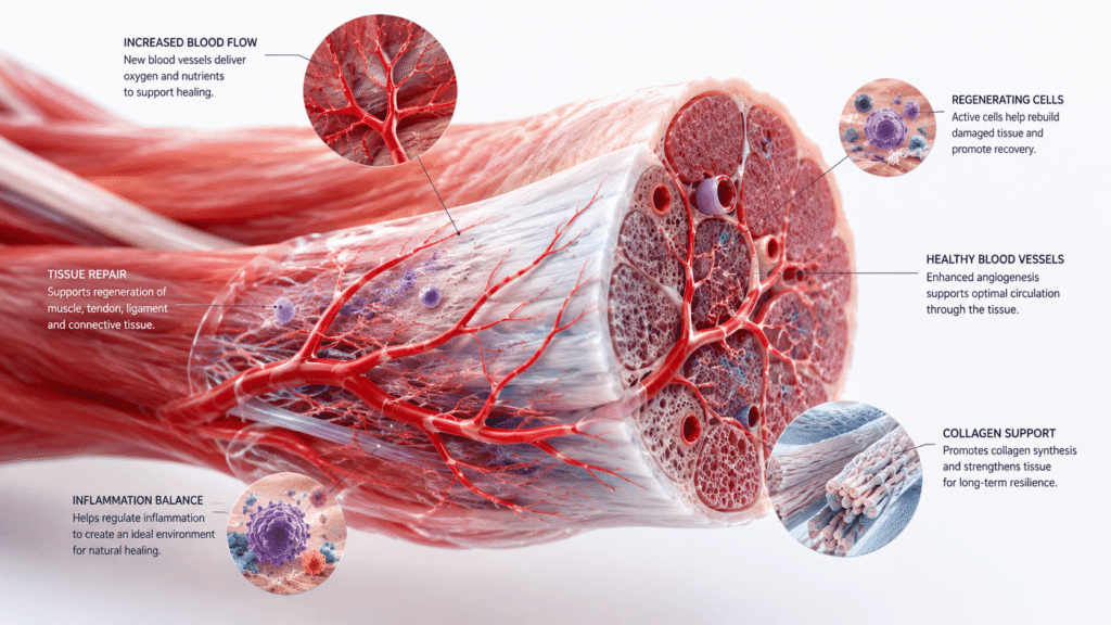 Illustration showing how does BPC 157 work by supporting tissue repair and blood vessel formation.