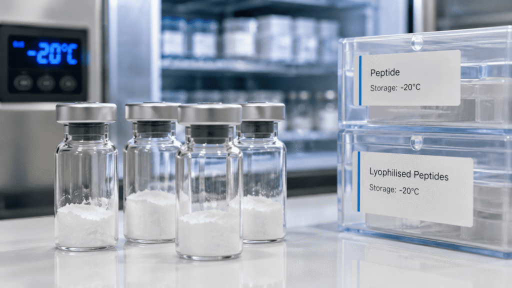 Lyophilised peptide vials commonly used before how to reconstitute peptides is considered.