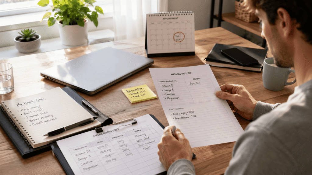 Preparing documents for a peptide consultation guide before attending a healthcare appointment.