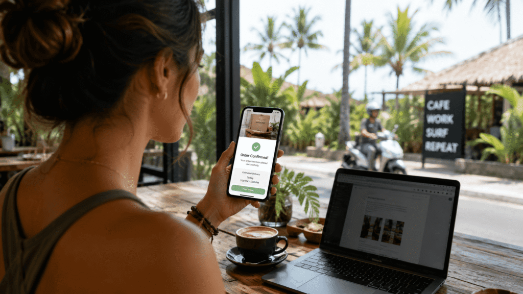 Alt text: Customer ordering peptides delivery Canggu using a smartphone in a modern café.