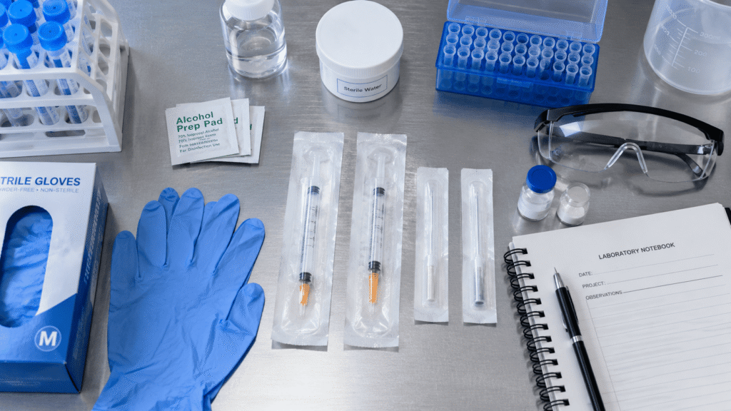 Laboratory supplies used when learning how to reconstitute peptides safely.
