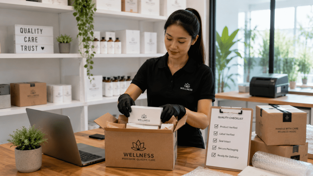 Reliable peptides delivery Canggu provider preparing secure wellness product packaging.