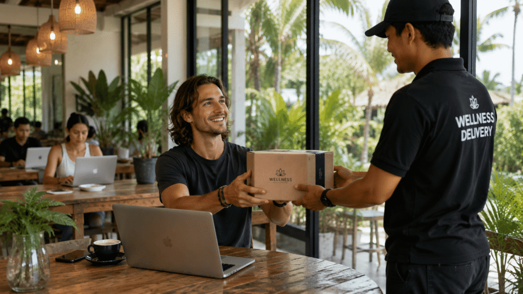 Remote worker using peptides delivery Canggu service during a busy workday.