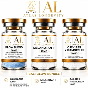 Atlas Longevity Bali Glow Bundle featuring KLOW Blend, Melanotan II and CJC-1295 with Ipamorelin peptide vials