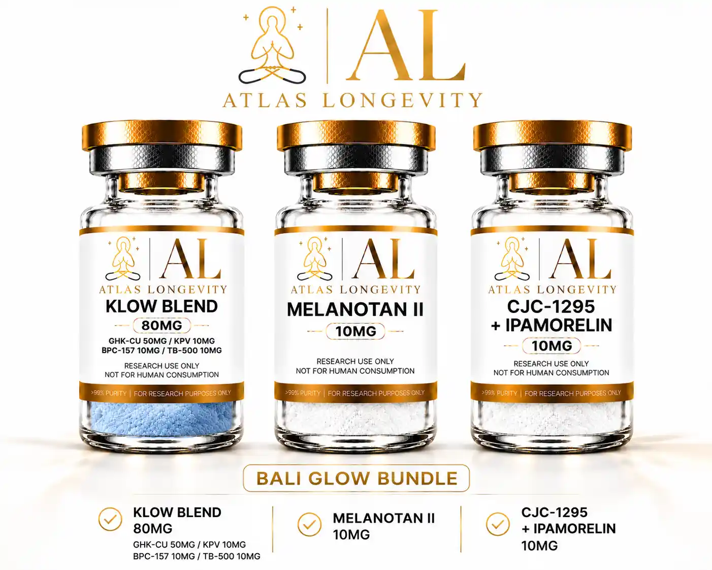 Atlas Longevity Bali Glow Bundle featuring KLOW Blend, Melanotan II and CJC-1295 with Ipamorelin peptide vials