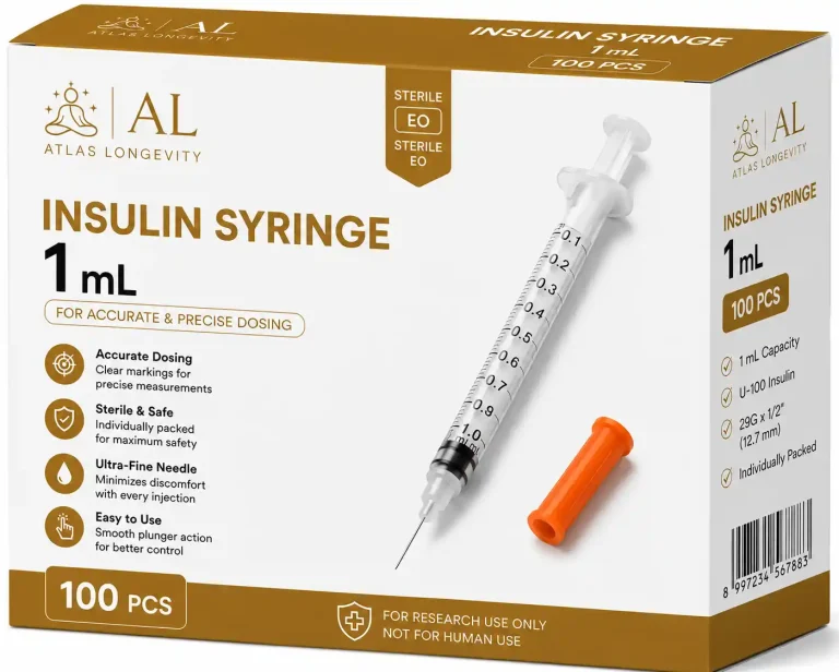 Atlas Longevity 1ml sterile insulin syringes supplied in a professional box of 100