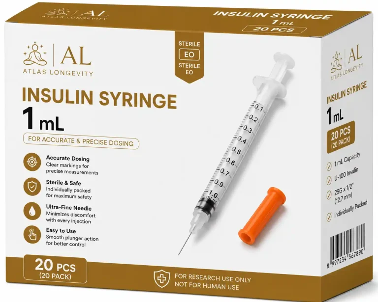Atlas Longevity 1ml sterile insulin syringes 20 pack with precision measurement markings