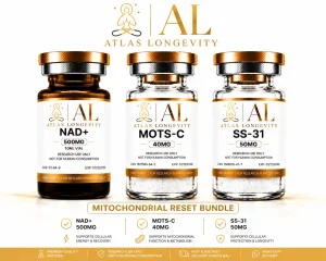 Atlas Longevity Mitochondrial Reset Bundle featuring NAD+ 500mg, MOTS-C 40mg and SS-31 50mg premium longevity products