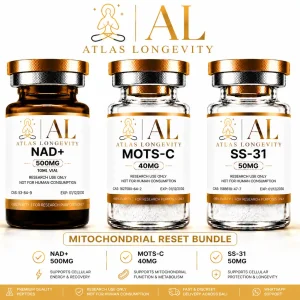Atlas Longevity Mitochondrial Reset Bundle featuring NAD+ 500mg, MOTS-C 40mg and SS-31 50mg premium longevity products
