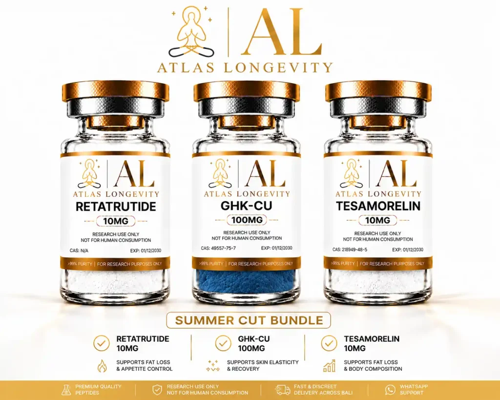 Atlas Longevity Summer Cut Bundle featuring Retatrutide 10mg, GHK-Cu 100mg and Tesamorelin 10mg premium peptide products