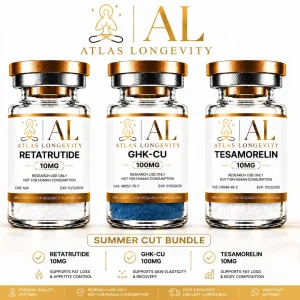 Atlas Longevity Summer Cut Bundle featuring Retatrutide 10mg, GHK-Cu 100mg and Tesamorelin 10mg premium peptide products