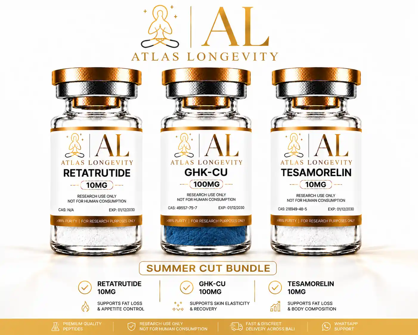 Atlas Longevity Summer Cut Bundle featuring Retatrutide 10mg, GHK-Cu 100mg and Tesamorelin 10mg premium peptide products