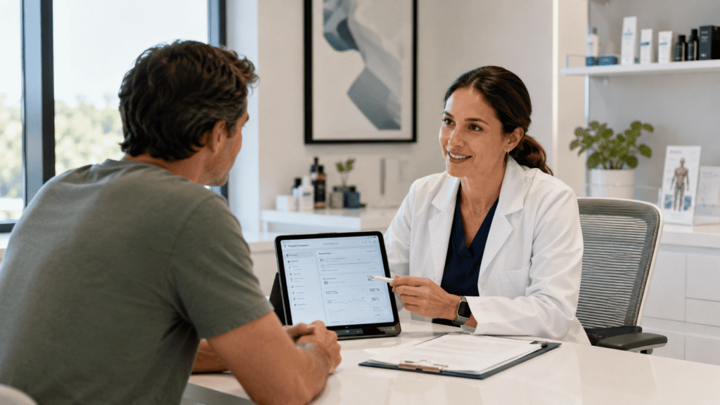 Healthcare professional explaining treatment options during a peptide consultation guide appointment.