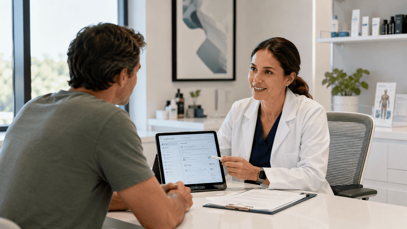 Healthcare professional explaining treatment options during a peptide consultation guide appointment.