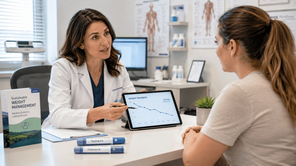 Doctor explaining the differences between retatrutide vs semaglutide during a medical weight-loss consultation.