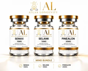 Atlas Longevity Mind Bundle featuring Semax, Selank and Pinealon peptide vials in Bali