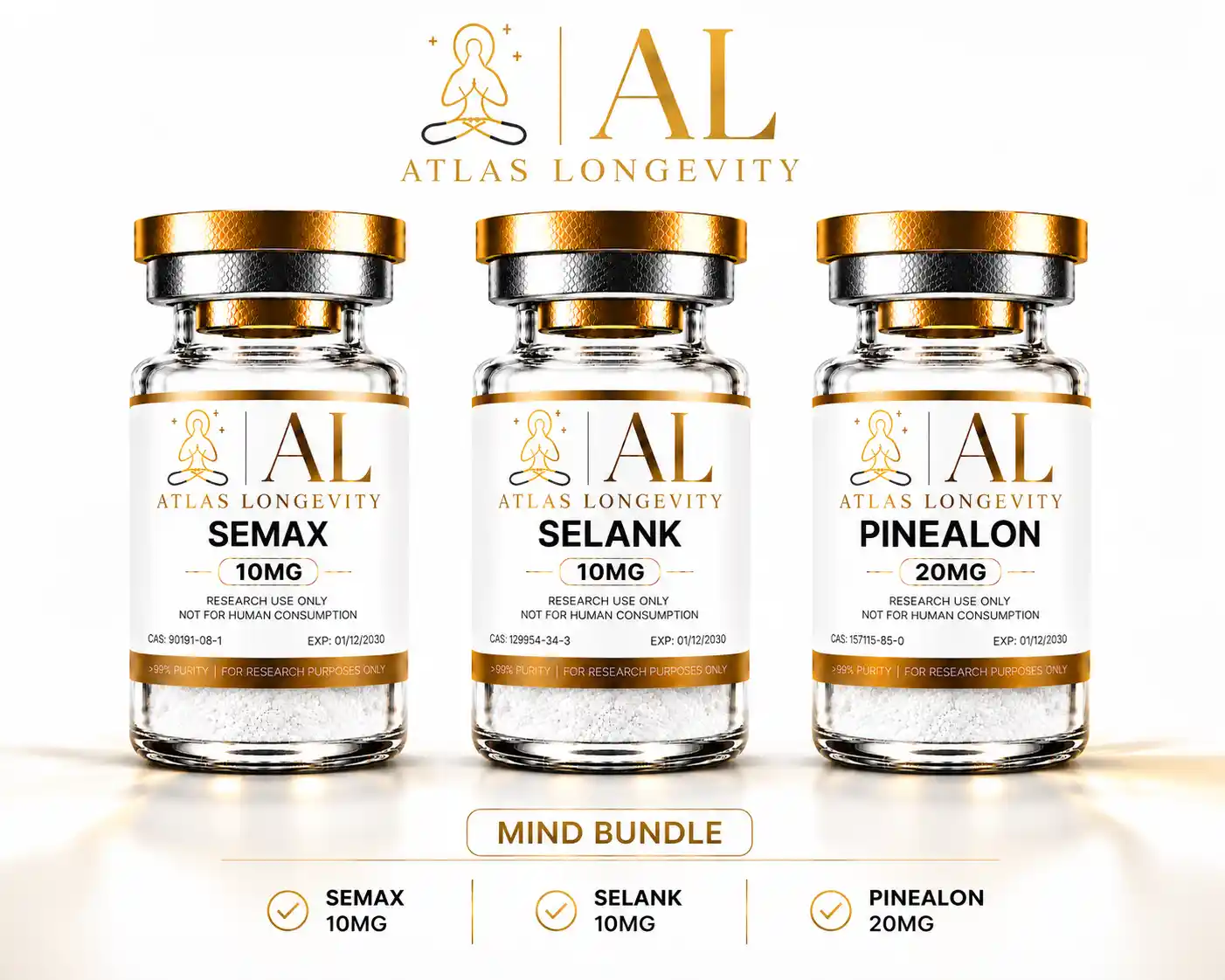 Atlas Longevity Mind Bundle featuring Semax, Selank and Pinealon peptide vials in Bali